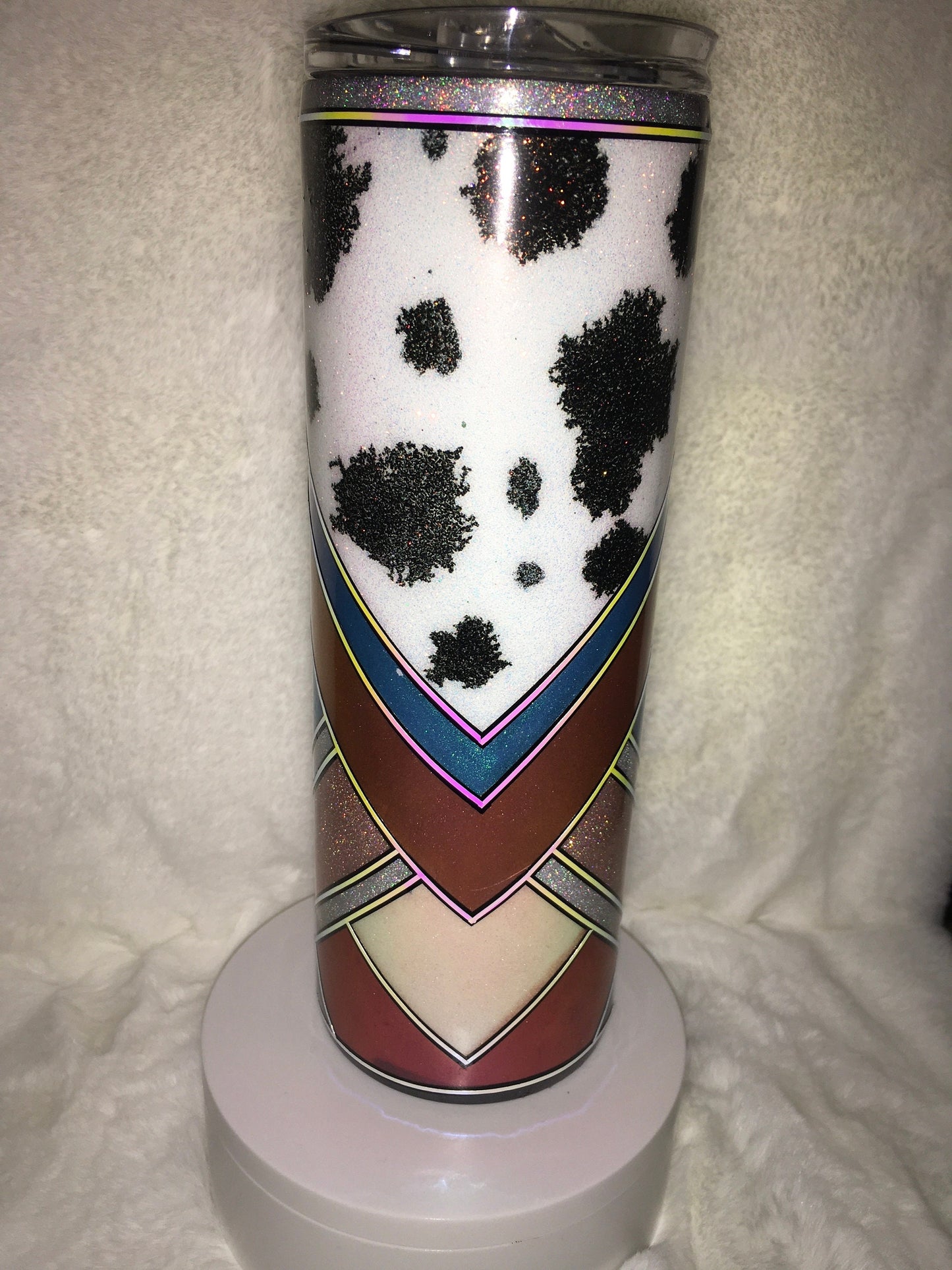 20oz Skinny Tumbler Cow print and color shift stripes