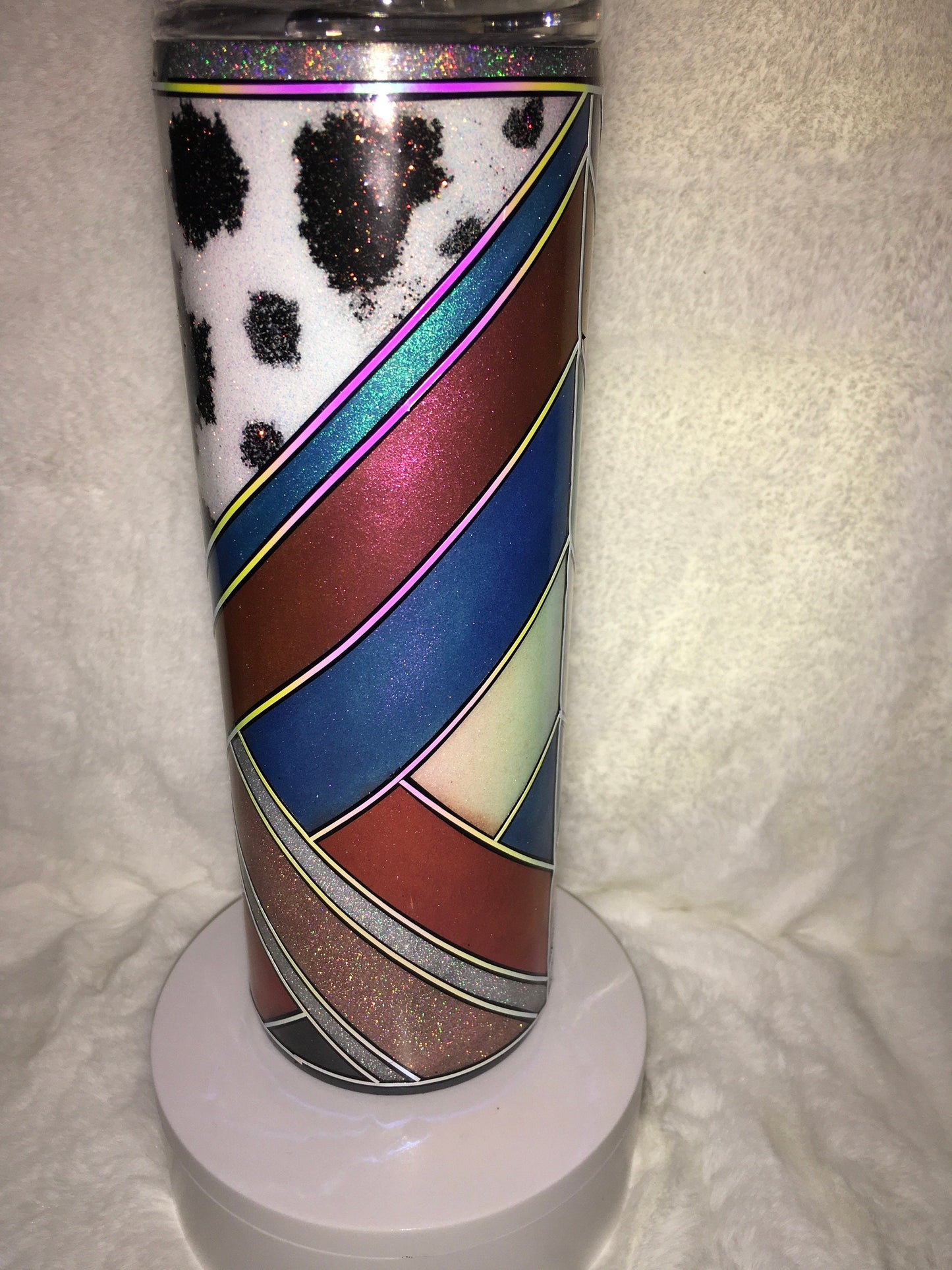 20oz Skinny Tumbler Cow print and color shift stripes