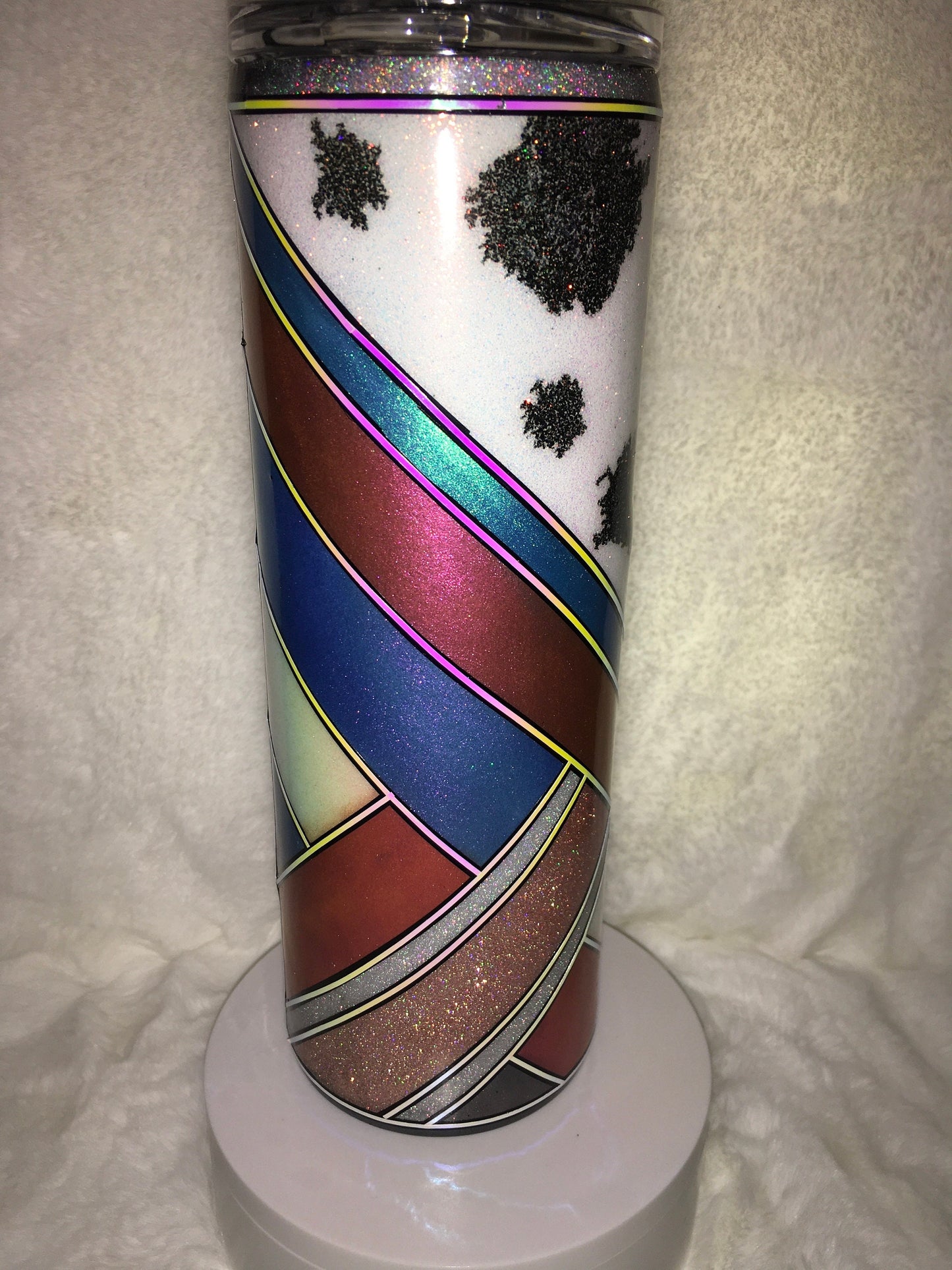 20oz Skinny Tumbler Cow print and color shift stripes