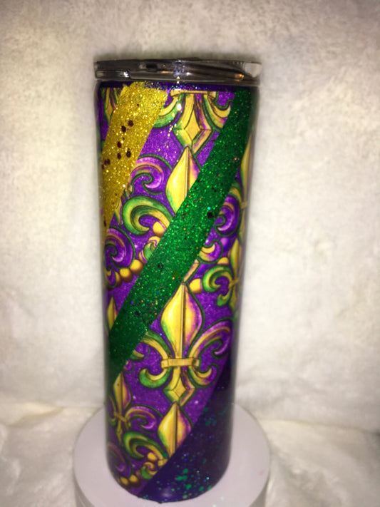 20oz Skinny Tumbler Mardi Gras style Fleur-de-lis design